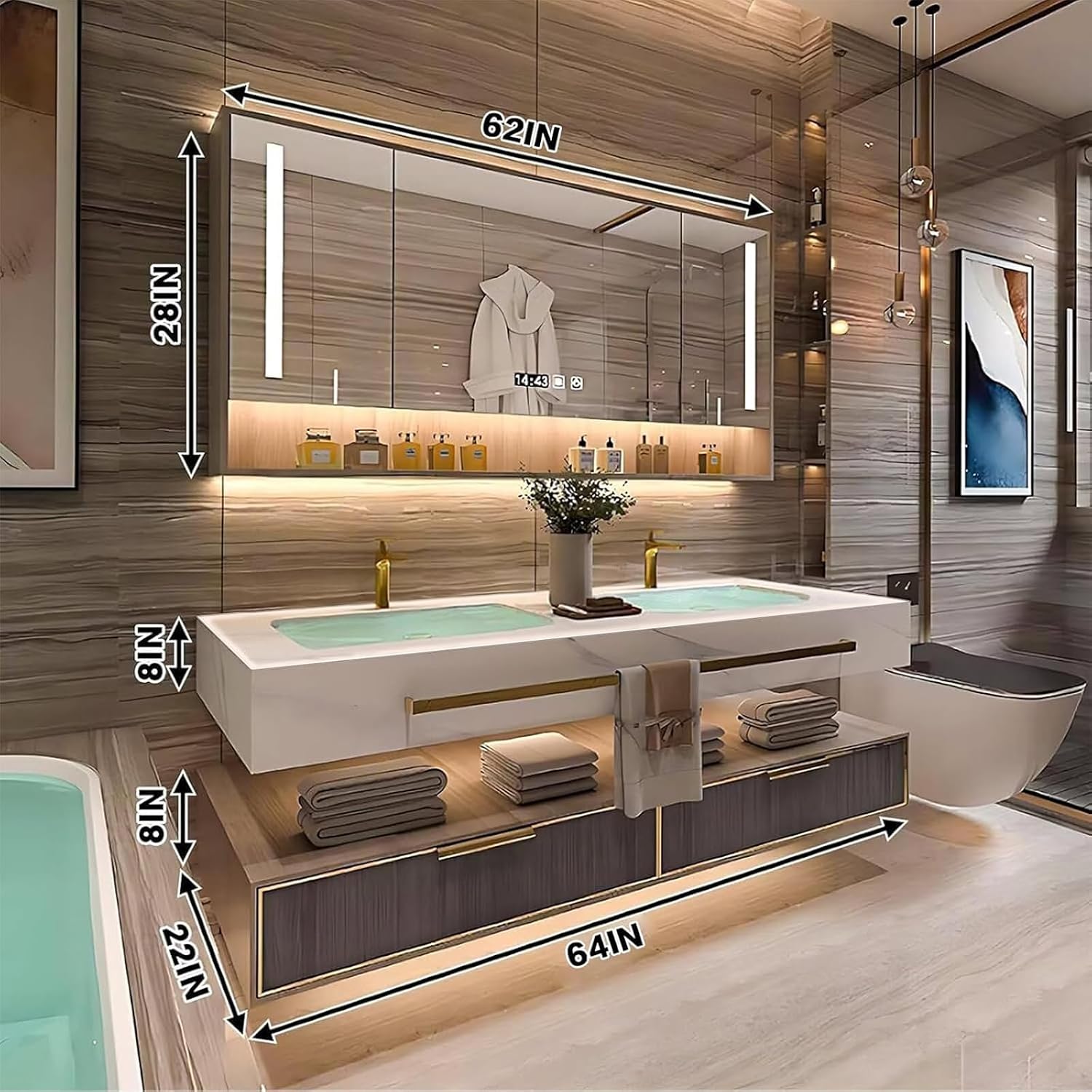 Bathroom Vanity - Luxurious Bathroom Vanity with Double Sinks Includes Modern Metal Luxury Style, Modern Cabinet with Towel Hanging & Led Light | Slate Countertop (64IN)