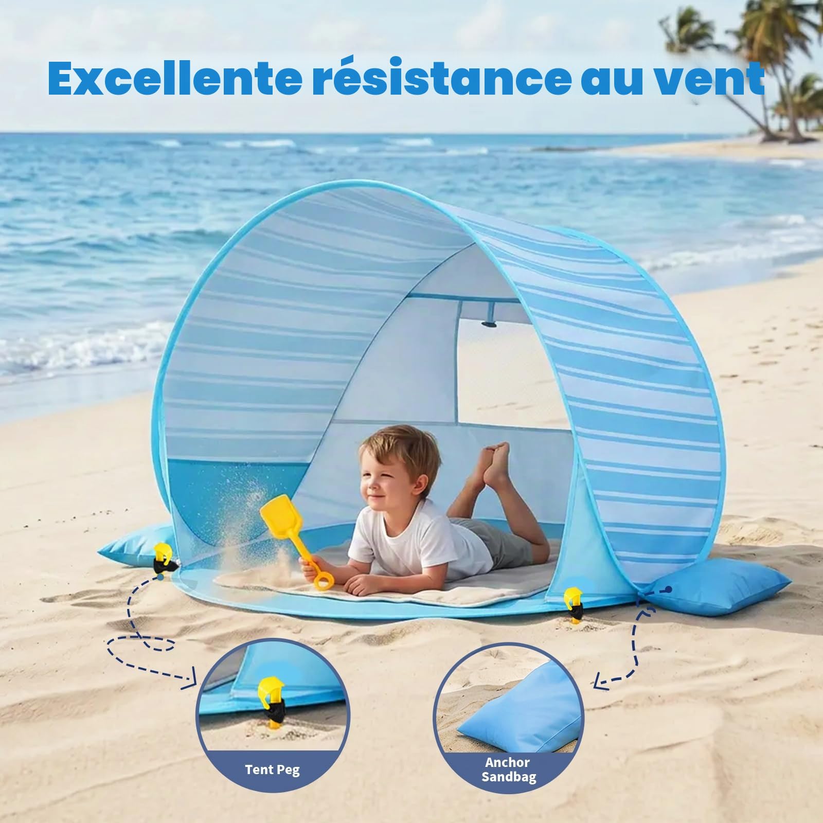 Tente de plage pop-up pour bébé : tente de plage Apojungle - Protection UV - Tente légère pour garçons et filles - Protection solaire et coupe-vent - Tente solaire pour extérieur, plage, pique-nique