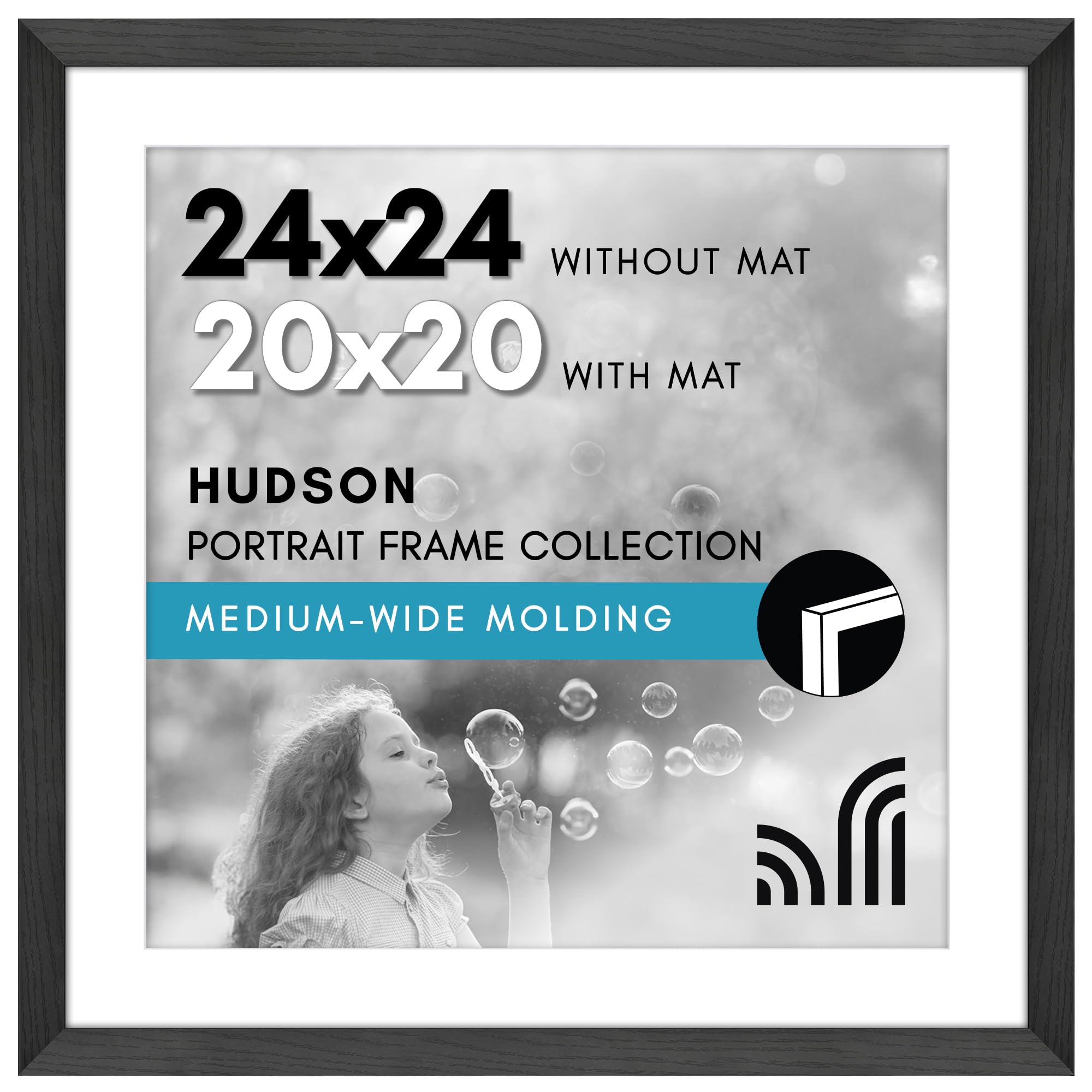 Americanflat 24x24 Picture Frame with Polished Plexiglass - Use as 20x20 Frame with Mat or Display 24x24 Photo Without Mat - Hudson Collection - Wide Square Frames for Wall Display - Black