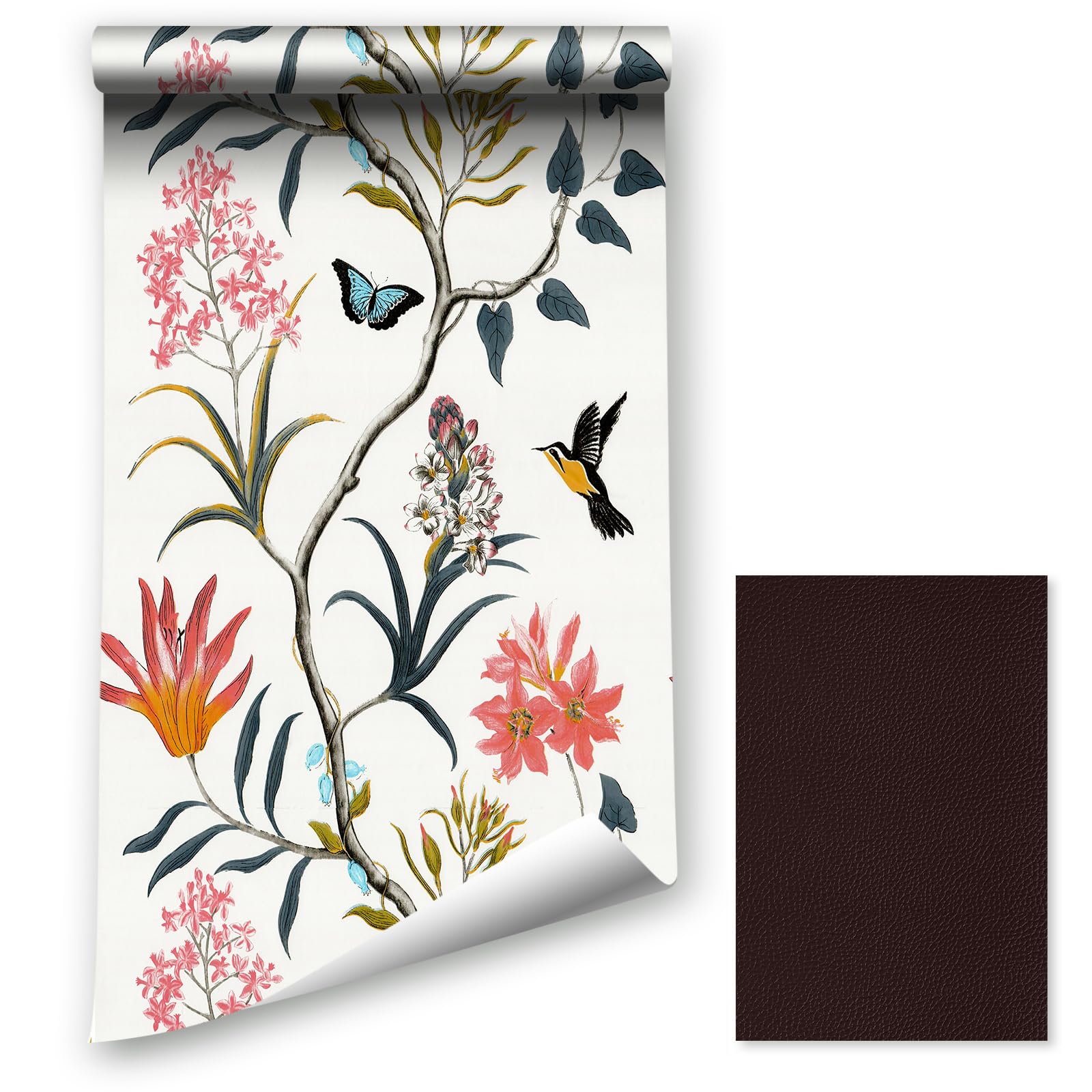 LZH-LP Peel and Stick Wallpaper Floral Plants Birds Butterflies Contact Paper, 44.5x400CM Removable Self-Adhesive Wallpaper Vinyl Film with Leather Repair Patch