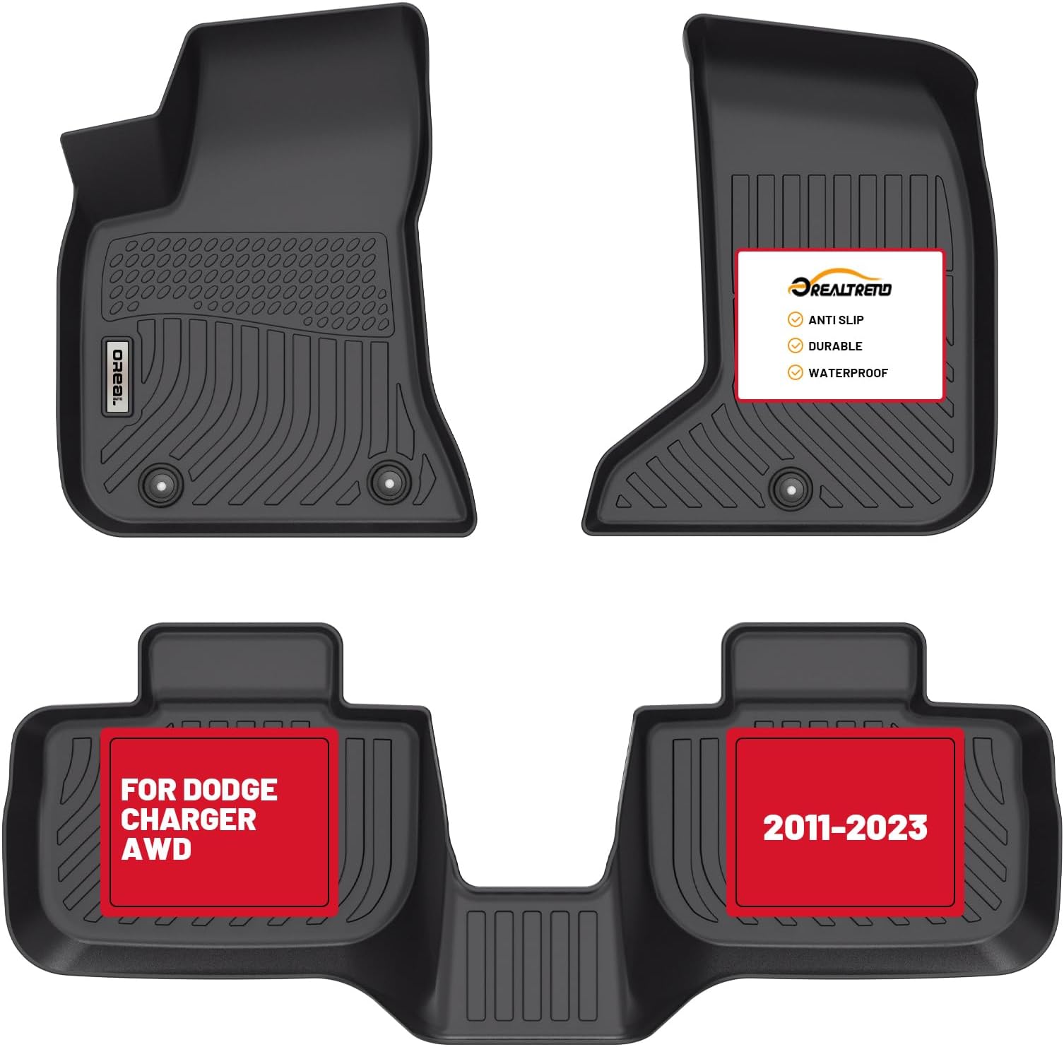 orealtrend Black Floor Mats Liners Replacement for Dodge Charger AWD 2011-2023 Heavy Duty All Weather Guard Front Rear Auto Carpet-Custom Fit-Tough Odorless