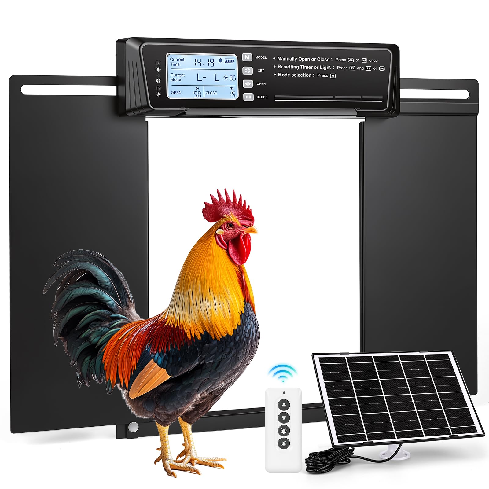 Automatyczna klapa dla kur, solarna, otwierane z boku, podwójne drzwi przesuwne, elektryczna klapa dla kur, automatyczne drzwi z timerem, czujnikiem światła, pilotem zdalnego sterowania