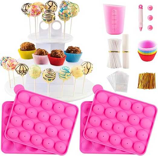 Cake Pop Maker Kit with 2 Silicone Mold Sets with 3 Tier Cake Stand, Chocolate Candy Melts Pot, Silicone Cupcake Molds, Paper Lollipop Sticks, Decorating Pen with 4 Piping Tips, Bag and Twist Ties