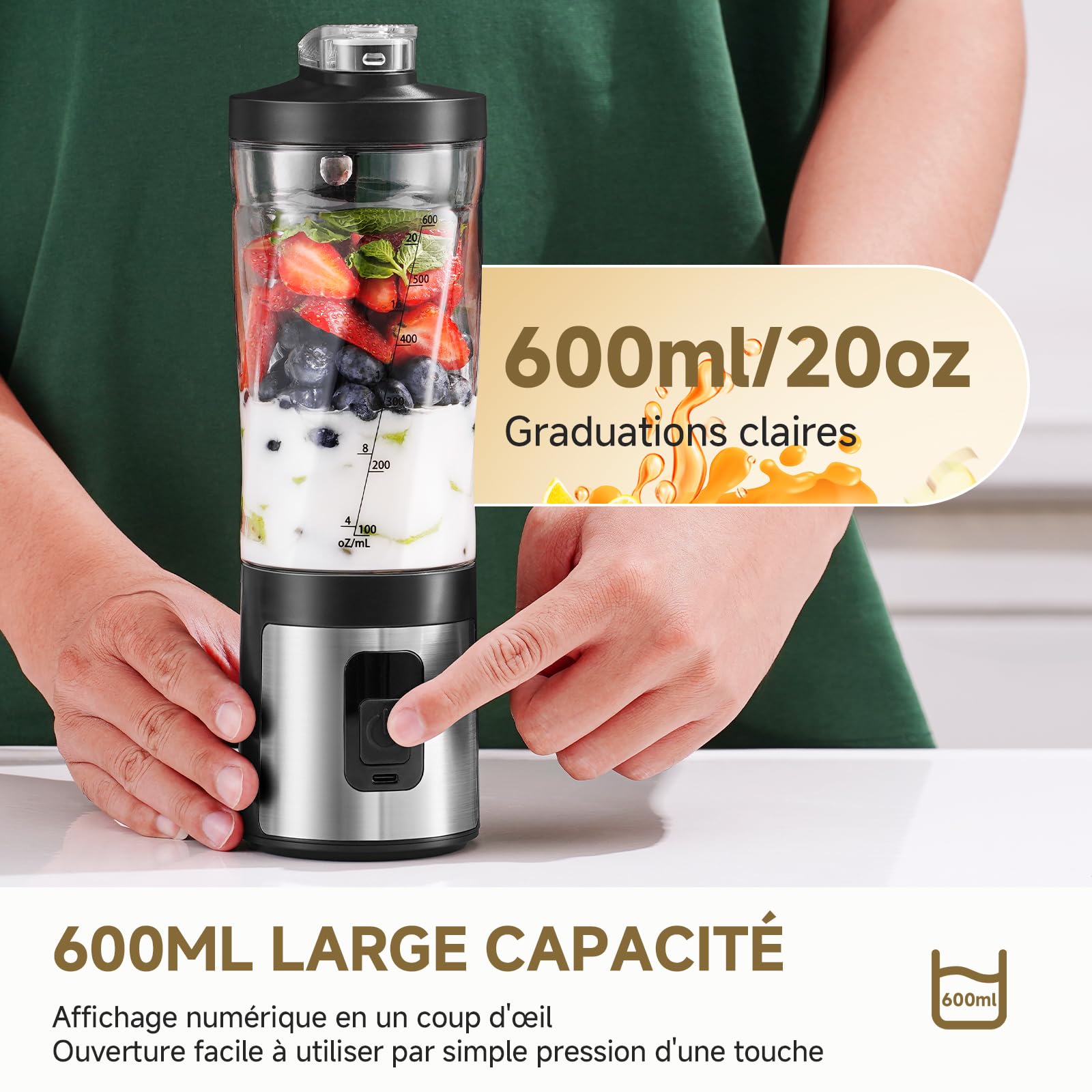AMZCHEF Mixeur portable 600 ml – Machine à smoothie avec 6 lames, moteur 120 W, charge rapide via USB-C, étanche IPX6, sans BPA, mini mixeur pour shakes, smoothies, poudre de protéines
