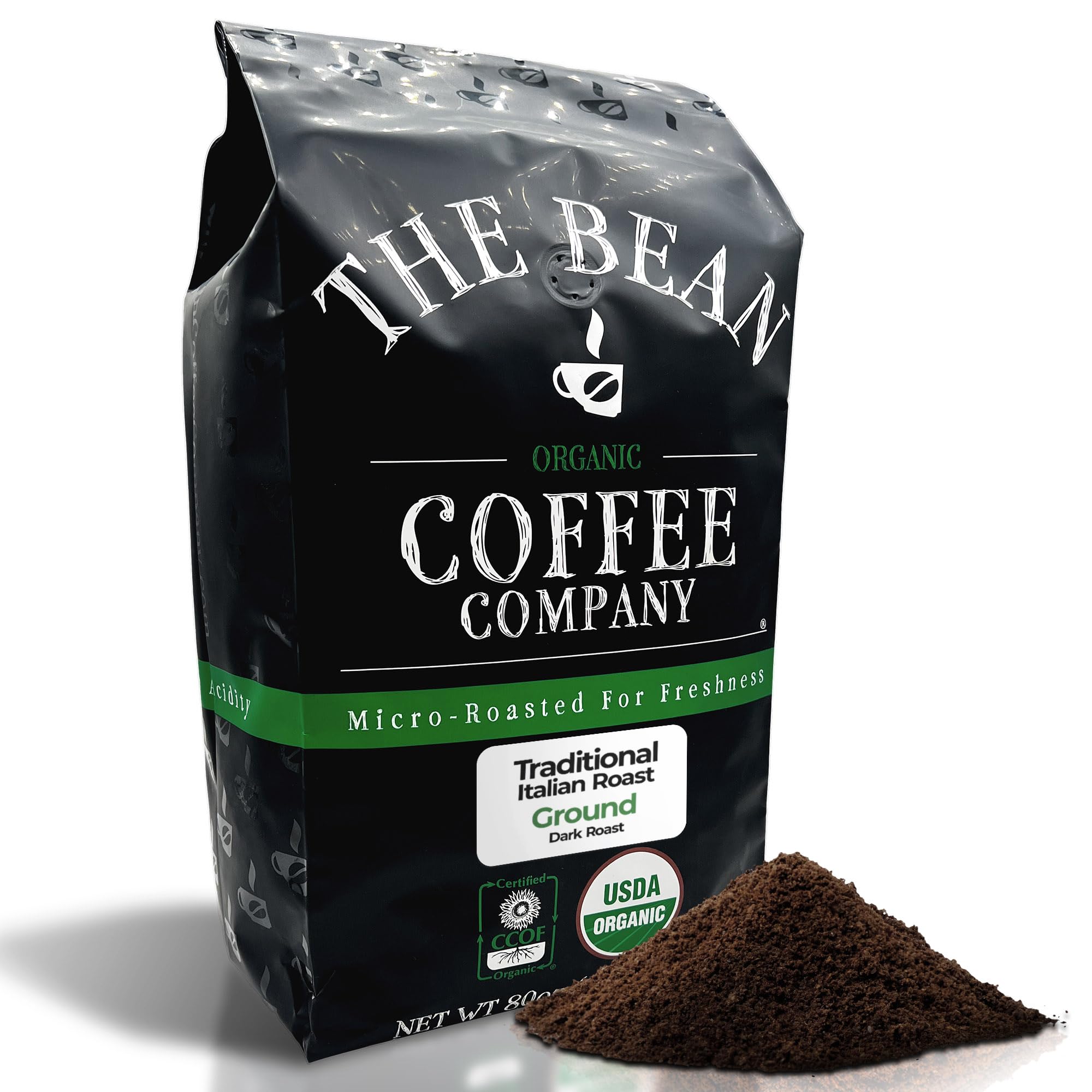 The Bean Organic Coffee Company Il Chicco (Traditional Italian Roast), Dark Roast, Ground Coffee, 5-Pound Bag,Café molido tostado organico