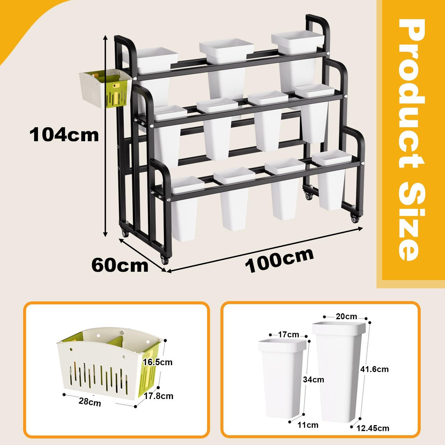 Espositore per Fiori con 11 Secchi e 3 Livelli, Supporto per Piante in Metallo Robusto con Ruote, Scaffale Mobile per Fiorista e Negozio, per Giardino e Terrazza 100x60x104 cm