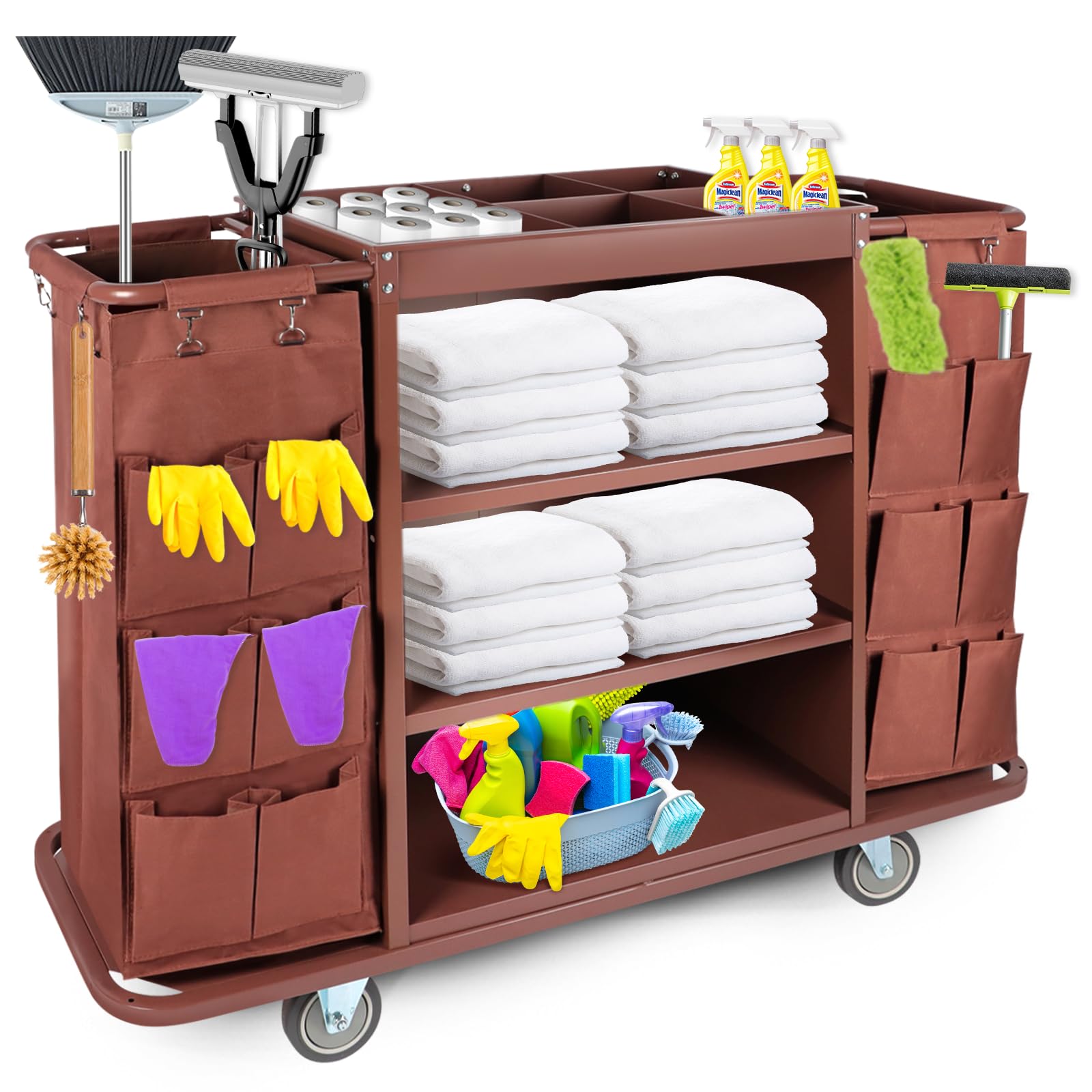 EBANKU Carrello multifunzionale per hotel, carrello per pulizie commerciali e carrello per pulizie con sacco capiente e ruote