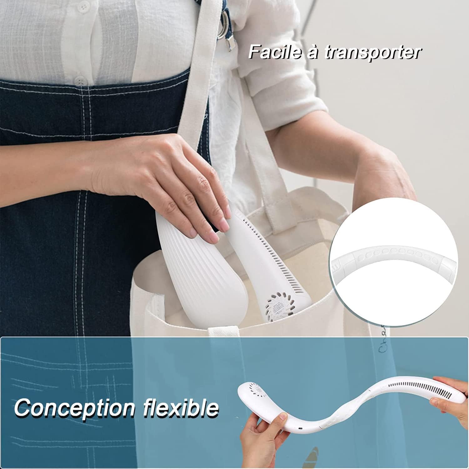 Ventilateur cou Portable,USB Ventilateur 4000mAh Rechargeable sans lame Silencieux personne Collier Ventilateur Nuque Refroidisseur 3 Vitesses, pour Bureau (Blanc)