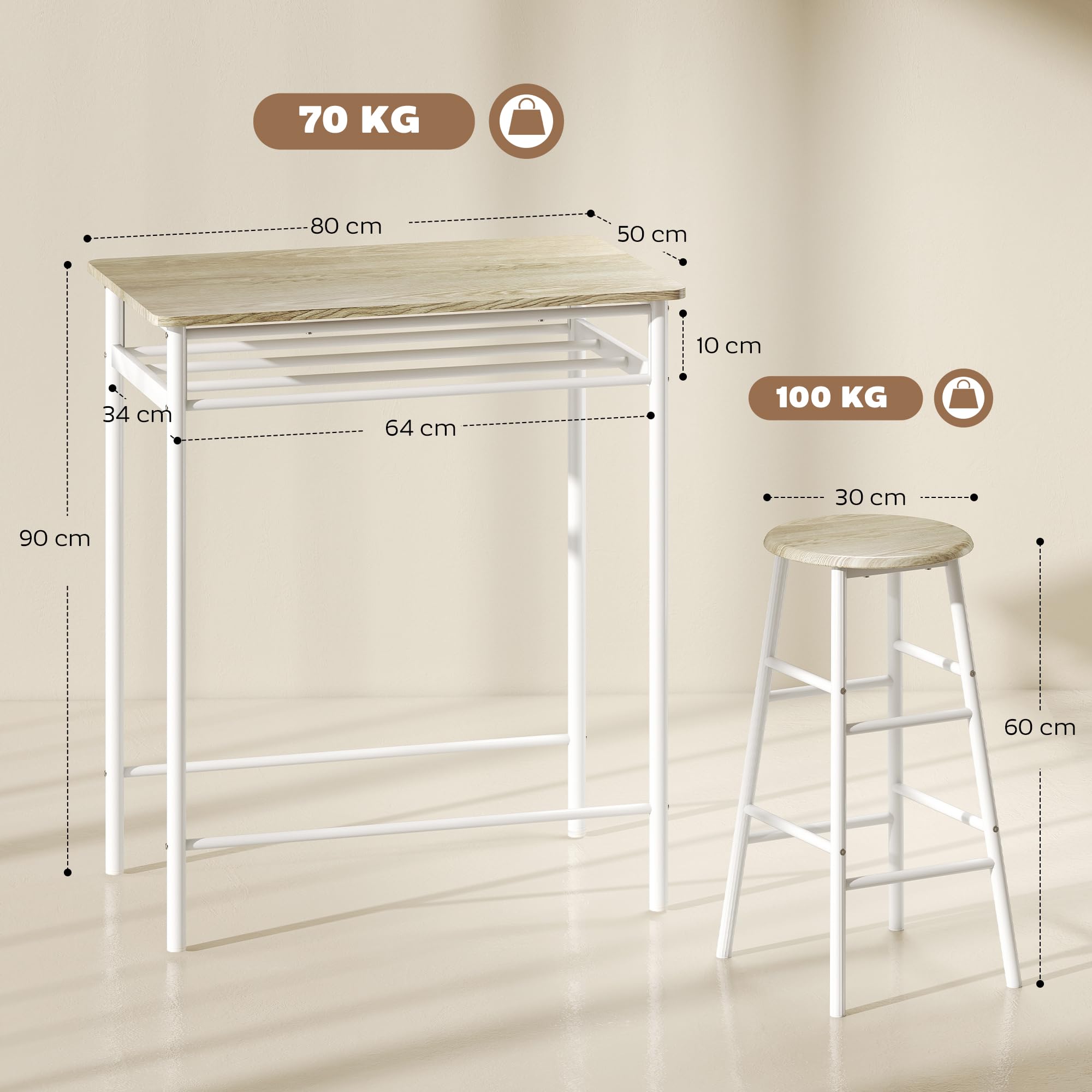 HOMCOM Juego de Mueble de Bar Set de Mesa Alta y 2 Taburetes con Estante de Almacenamiento y Marco de Metal para Cocina Comedor 80x50x90 cm Blanco