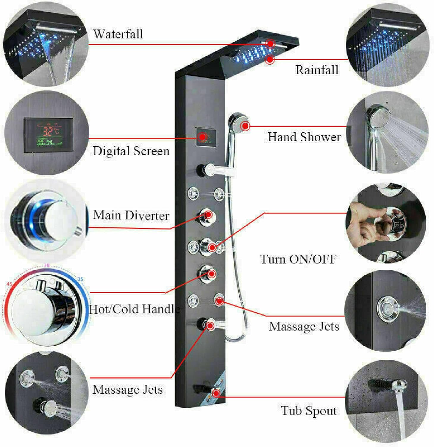 LED Rain Shower Panel Tower System Rainfall Waterfall Massage Body Jets Kit Faucet Black A