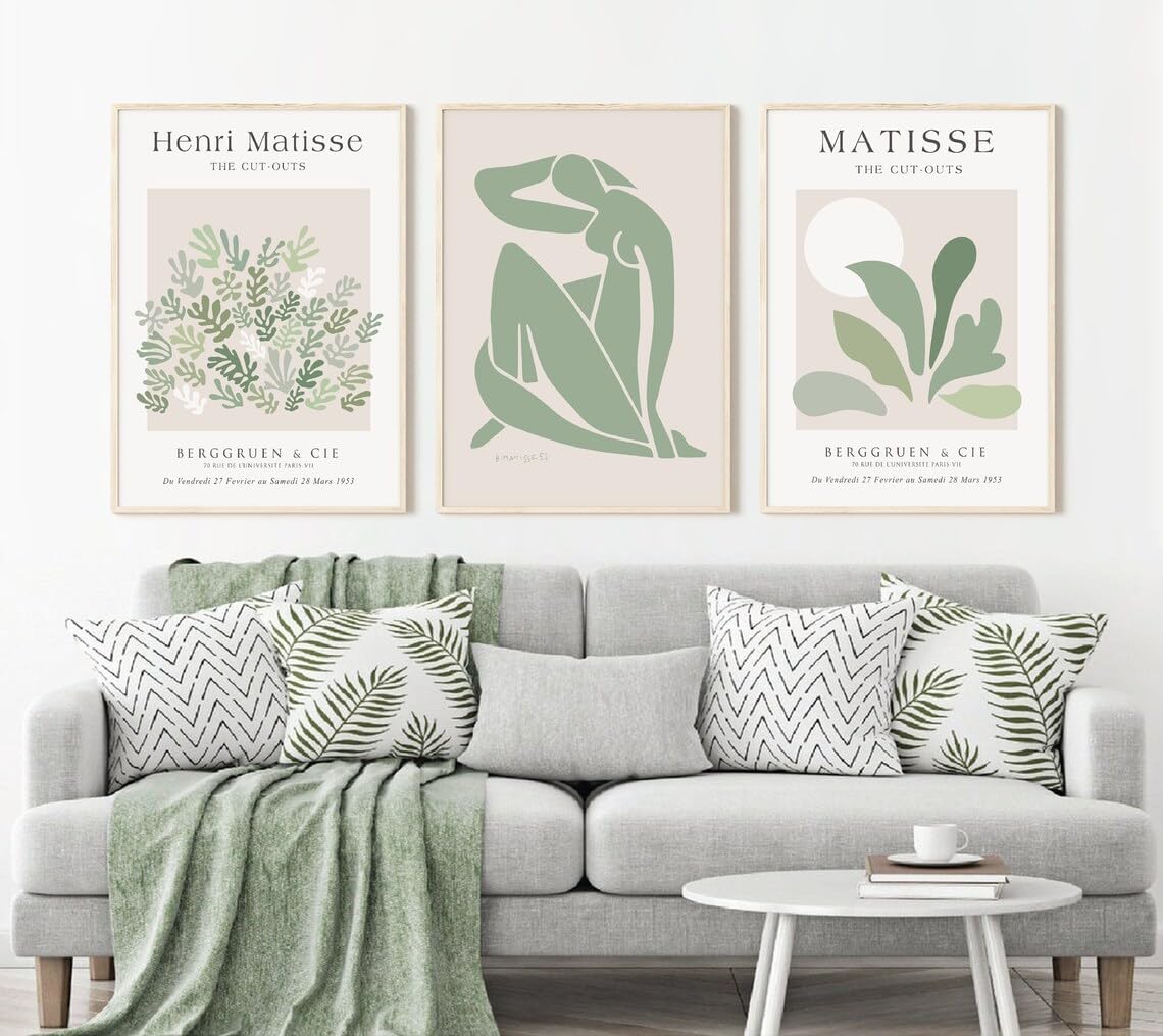 HesenDot Unframed Matisse Wall Art Set of 3,30x40CM Sage Green Wall Decor Exhibition Posters,Abstract Botanical Canvas Prints,Boho Home Decoration for Bathroom Living Room Bedroom Office - Image 3