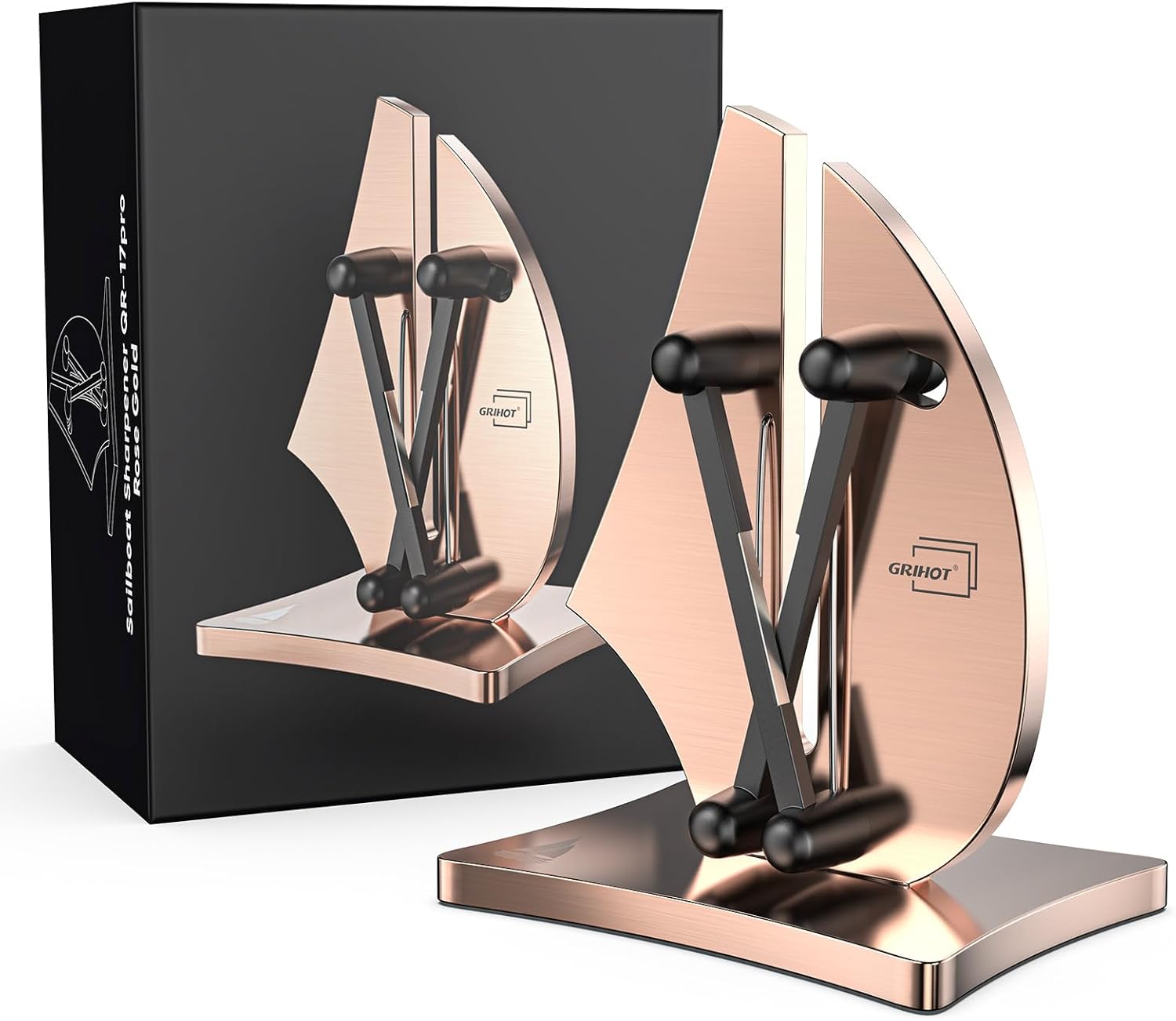 Professional Knife Sharpener | 3-Action Streamlined Sailboat Design for Effortless Knife Sharpening - The Ultimate Tool for Precision 11 to 21 Degree Angles (Stainless Steel & Rose gold color)