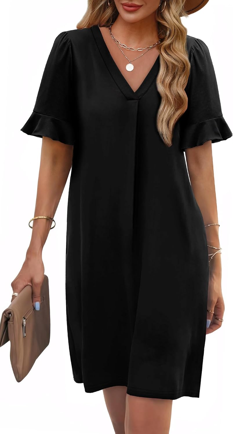 OFEEFAN Summer Dresses for Women Ruffle Short Sleeve V Neck Casual Shift Dress with Pockets - Image 2