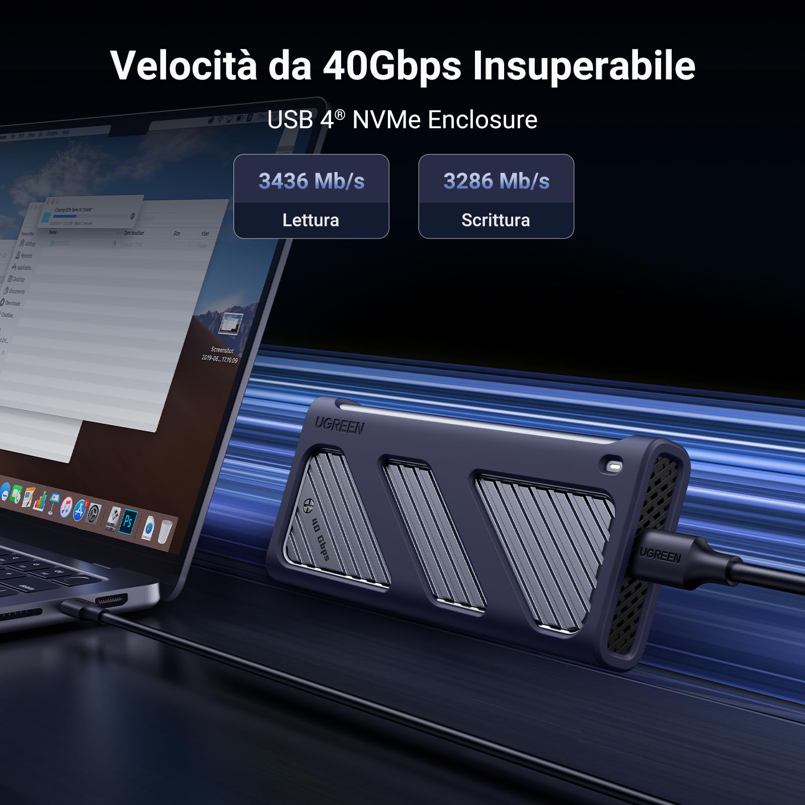 UGREEN Alloggiamento SSD M.2 NVMe, Enclosure NVMe da 40 Gbps con USB4, [guscio in alluminio Lager e ventola PWM], supporto UASP e TRIM, alloggiamento M.2 compatibile con chiavi M & M+b e dimensioni in