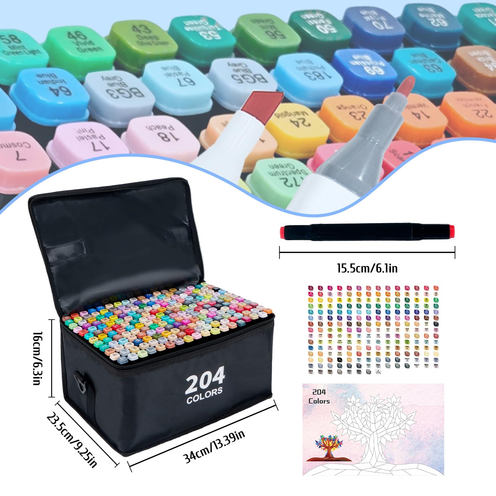 204 Farben Alkohol Marker Set, Twin Marker Permanente Alcohol Marker Stifte, Schnelltrocknend Filzstifte für Manga Design Zeichnen Erwachsenen-Malbücher Schüler Künstler
