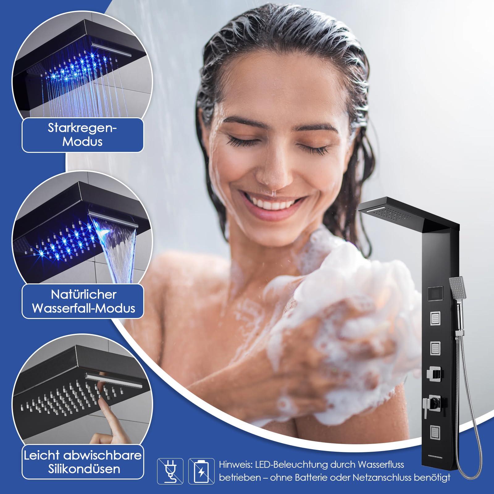 LED Duschpaneel mit Armatur und Temperaturanzeige, Duschsäule Komplettset mit Regendusche, Wasserfalldusche, Massagedüsen, Handbrause und Badewannenauslauf, 304 Edelstahl, Schwarz