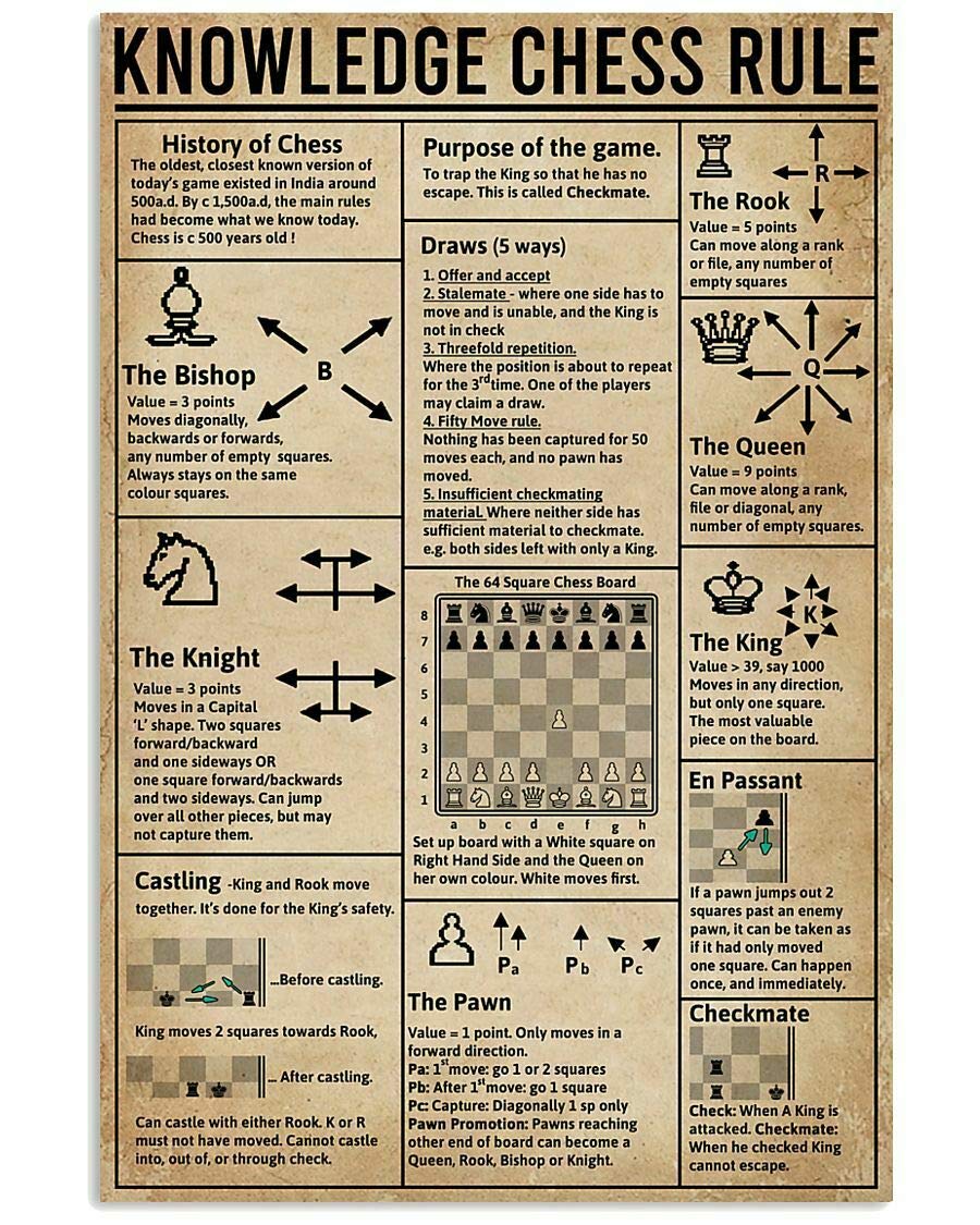 HOUVSSEN Knowledge Chess Rule Poster Gift for Beginners Multi Wall Décor Art Chart Metal Tin Sign School Metal Tin Signs 8x12 Inch