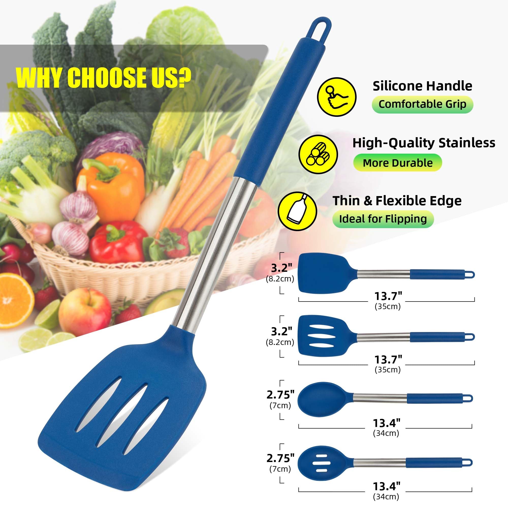 Juego de 4 utensilios de silicona, espátulas sólidas antiadherentes, cucharas ranuradas con mango de acero inoxidable, espátulas para cocinar, freír, mezclar, servir, color azul