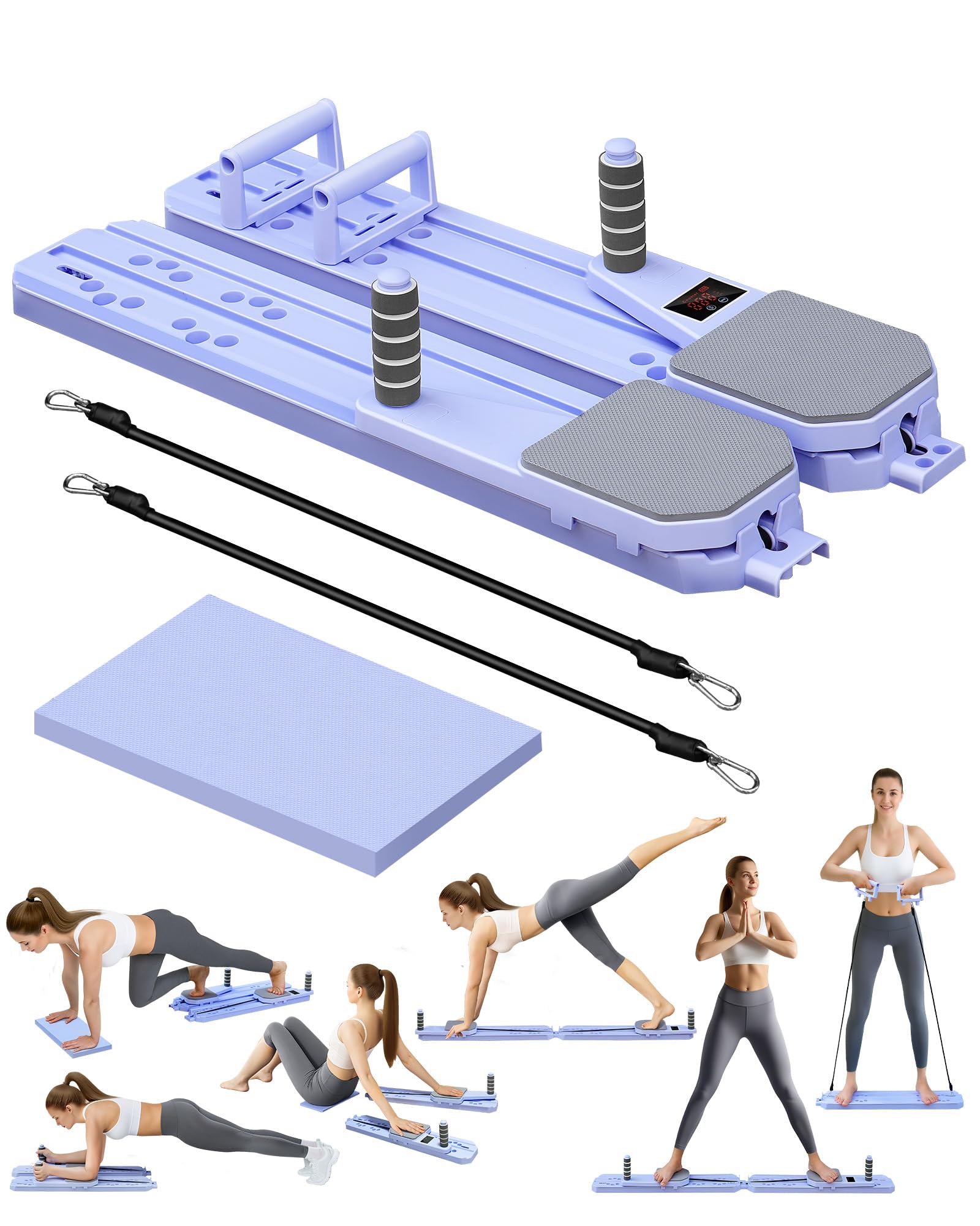 8-in-1 Pilates Reformer Slider - Home Gym Equipment For Legs, Hips & Core With Resistance Bands, Knee Pads & Push-Up Racks