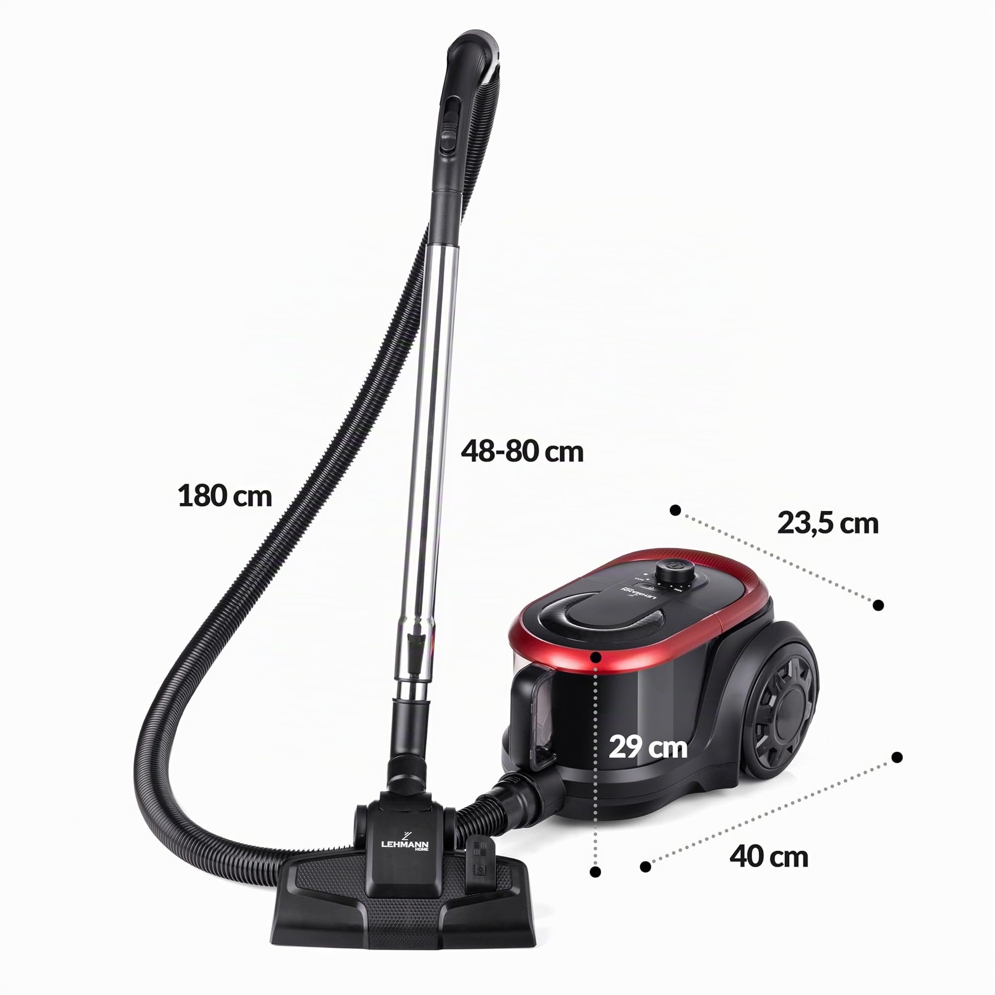 LEHMANN Aspirapolvere a Traino senza Sacco, Potente Tecnologia Ciclonica, Doppio Filtro HEPA per Allergici, Capacità 2,5 L, Serbatoio facile da Pulire, Design Compatto, Set di Accessori, Nero/rosso