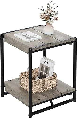 Miniatura 8 de Mesa auxiliar cuadrada moderna industrial, mesa auxiliar para sofá de sala de estar con almacenamiento en estantes, muebles de mesita de noche de