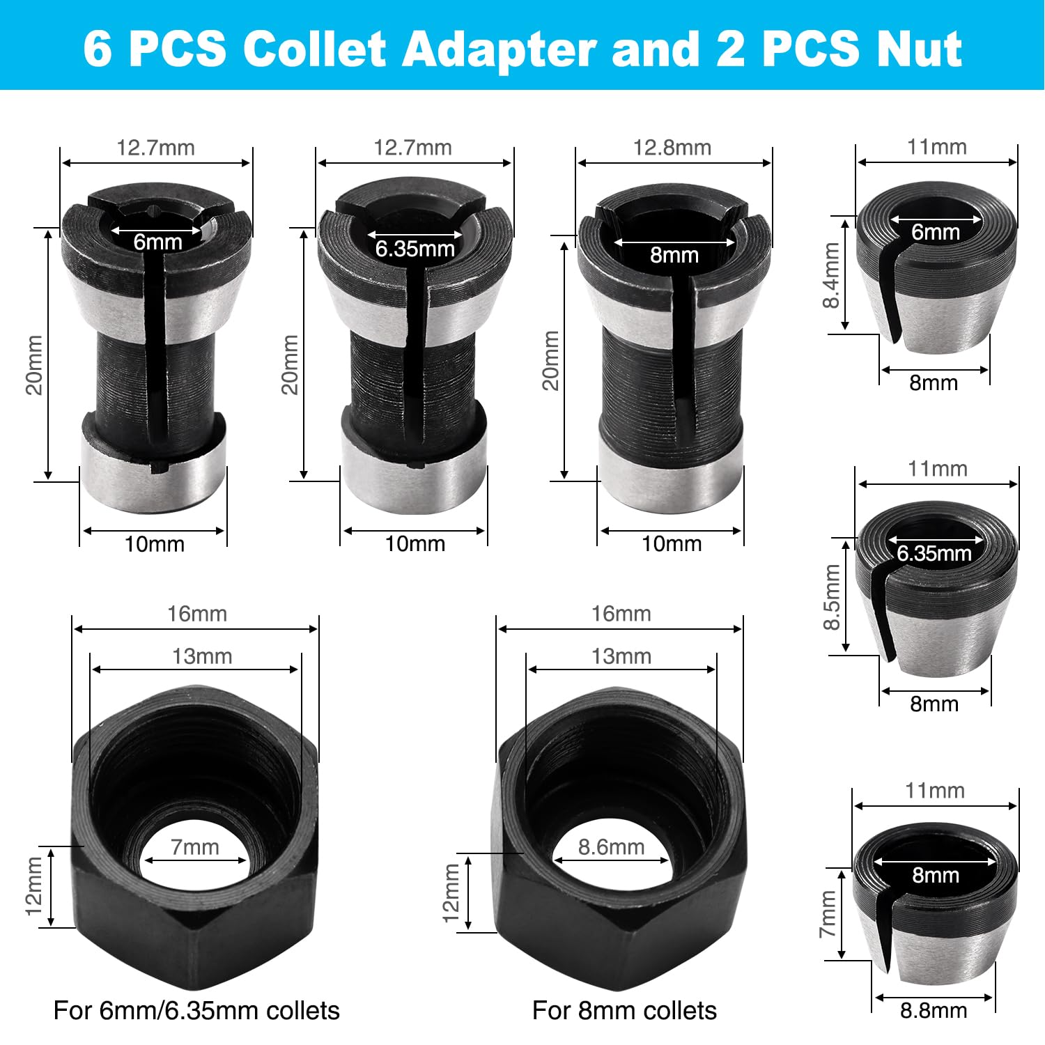 VooGenzek 6 PCS 6mm / 6.35mm / 8mm Router Collet Chuck, Router Bit Collet Chuck, Trimmer Collet Adapter with 2 PCS Nut - Image 2