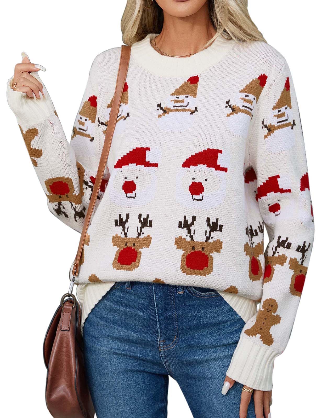 Weihnachtspullover Damen Lustige Pullover Warm Christmas Strickpullover Winter Rundhals mit Schneemann Elch Rote Herzstreifen Grün Weihnachtsbaum Pullis Oberteile Langarm Weihnachtskostüm