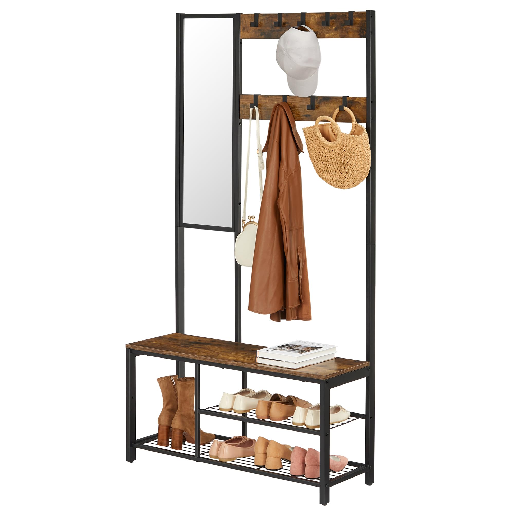 VASAGLE HSRAM050B01 wieszak na ubrania z haczykami, wieszak na ubrania z lustrem, szafka na buty i półkami, 36 x 98 x 185 cm, do korytarza, sypialni, salonu, brązowo-czarny vintage