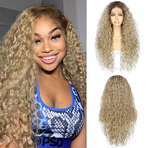 SAPPHIREWIGS Peluca rizada suelta con encaje frontal, color rubio ceniza degradado, peluca sintética húmeda y ondulada, peluca prearrancada de