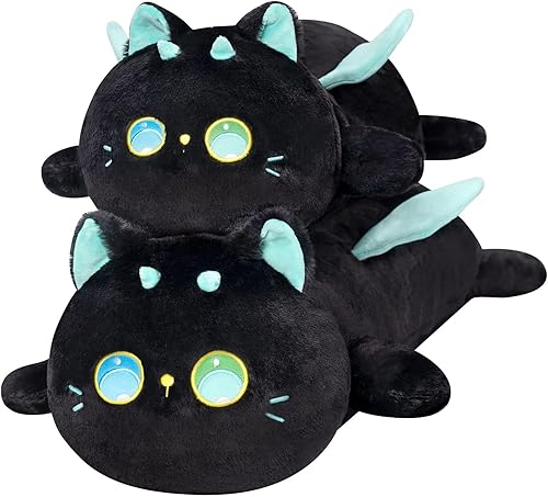 Almohada larga de felpa con forma de gato  35 pulgadas de ojos grandes de gato negro, almohada esponjosa de animales de peluche, bonita almohada de