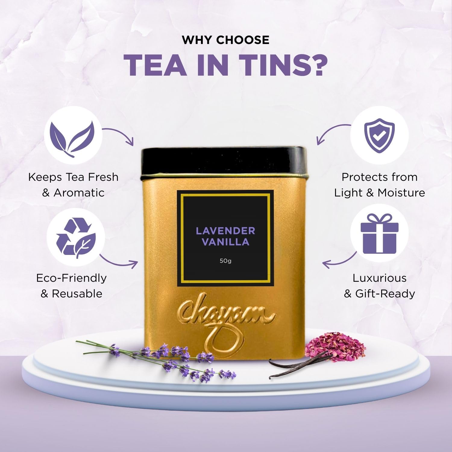 CHAYAM Lavender Vanilla Tea for Sleep | Calming Lavender Flower Tea with Real Buds, Rose Petals & Vanilla | Stress Relief & Relaxation | 50g Loose Leaf Tin Caddy 4