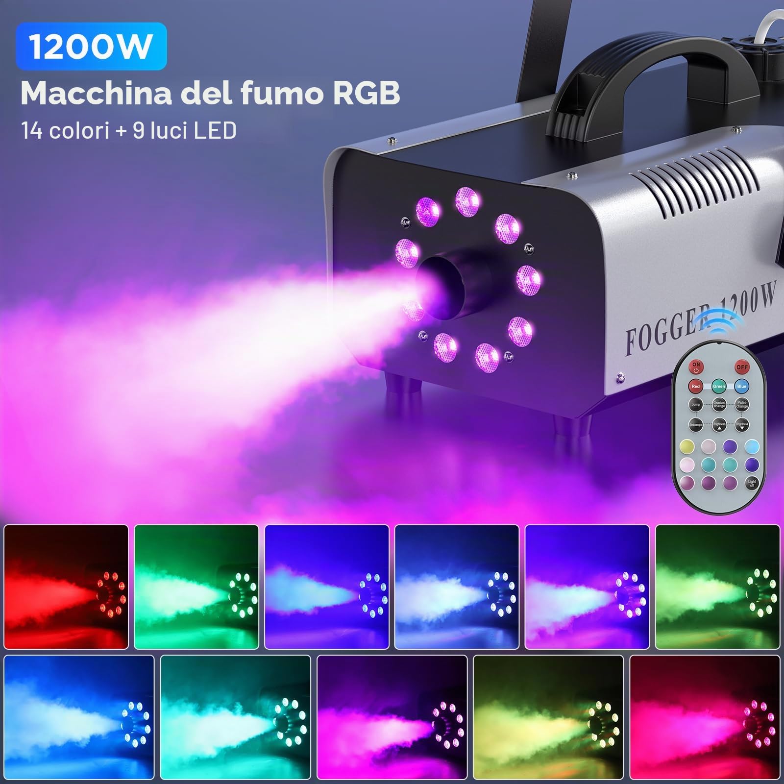Macchina del Fumo 1200W 9 RGB LED Portatile Macchina del Fumo con Telecomando Wireless per Feste DJ Bar Club Spettacoli Teatrali Matrimonio Halloween