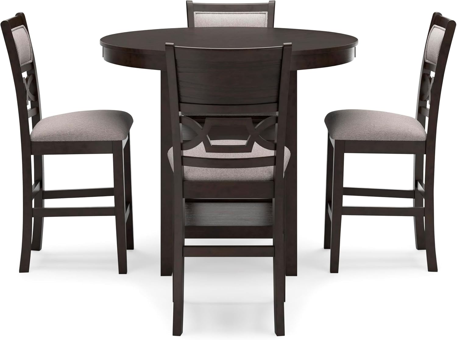 BOWERY HILL Counter Height Dining Table Set, 42"x42"x36" Table, Solid Wood with Mindi Veneer, Cherry Brown Finish, 5-Piece Set with Upholstered Stools, Beige Seats, 2 Shelves, Kitchen or Dining Room