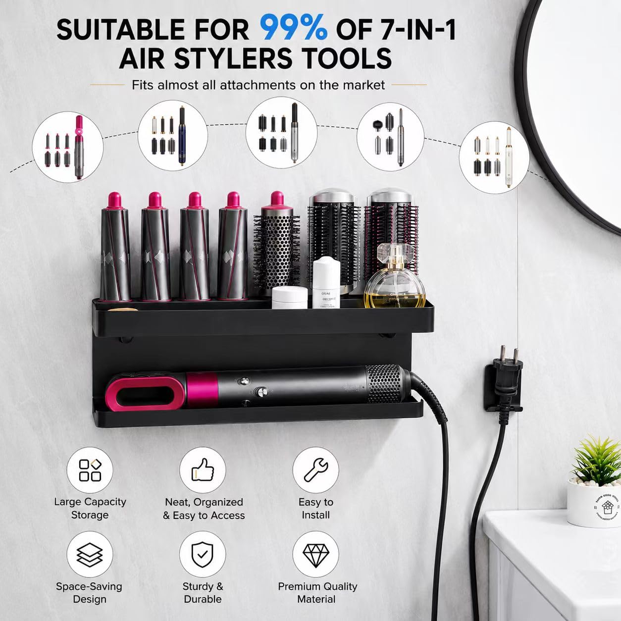 Support mural pour sèche-cheveux, sans perçage, 2 en 1, pour Dyson Airwrap, rangement facile, esthétique, pour sèche-cheveux Dyson, support mural et organiseur en matériau durable