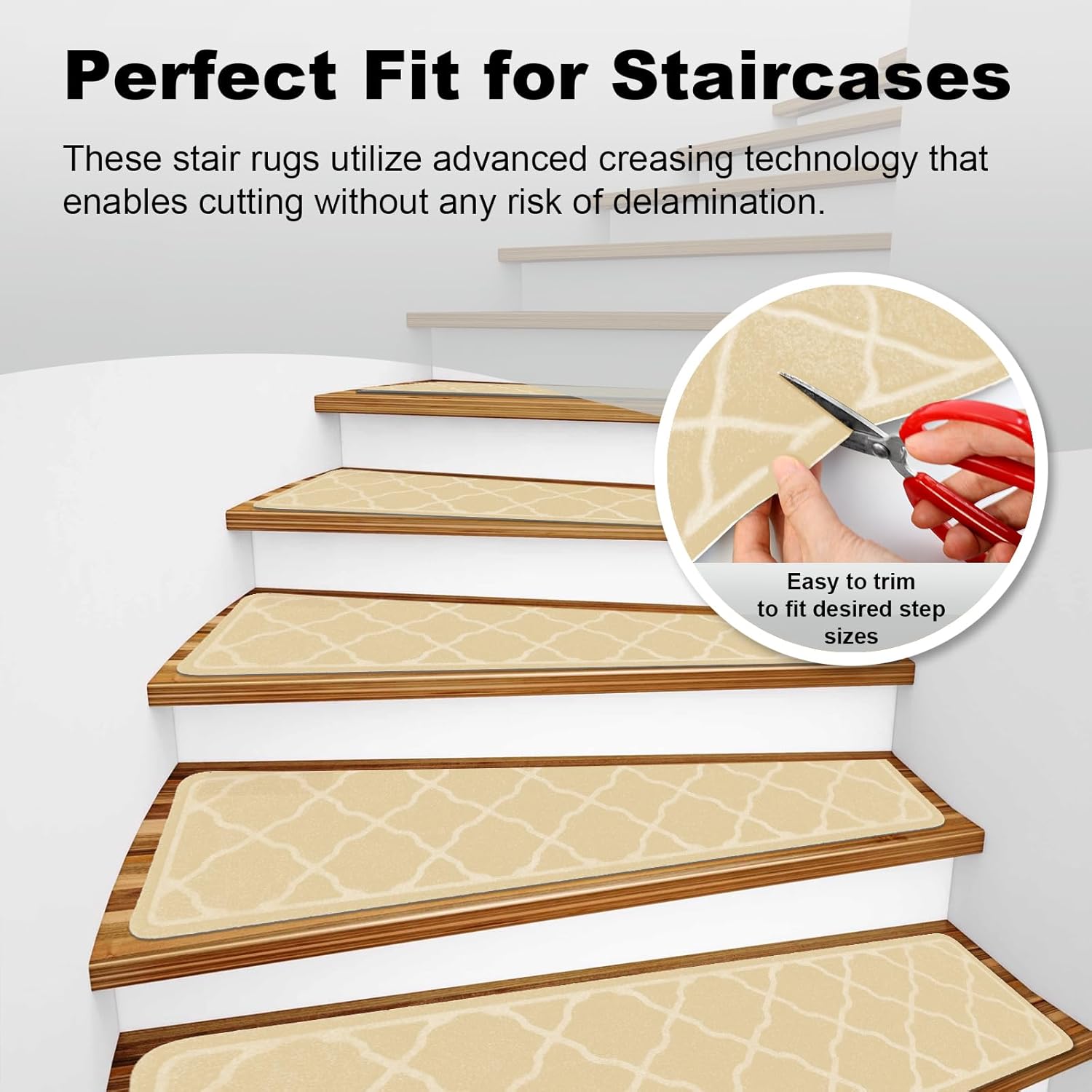 Stair Treads Non-Slip Carpet Indoor, 15 Packs 30X8in Stair Carpet Runners for Wooden Steps with Reusable Adhesive for Kids Elders, and Dogs, 100% Polyester Surface TPR Backing Stair Rugs, Beige