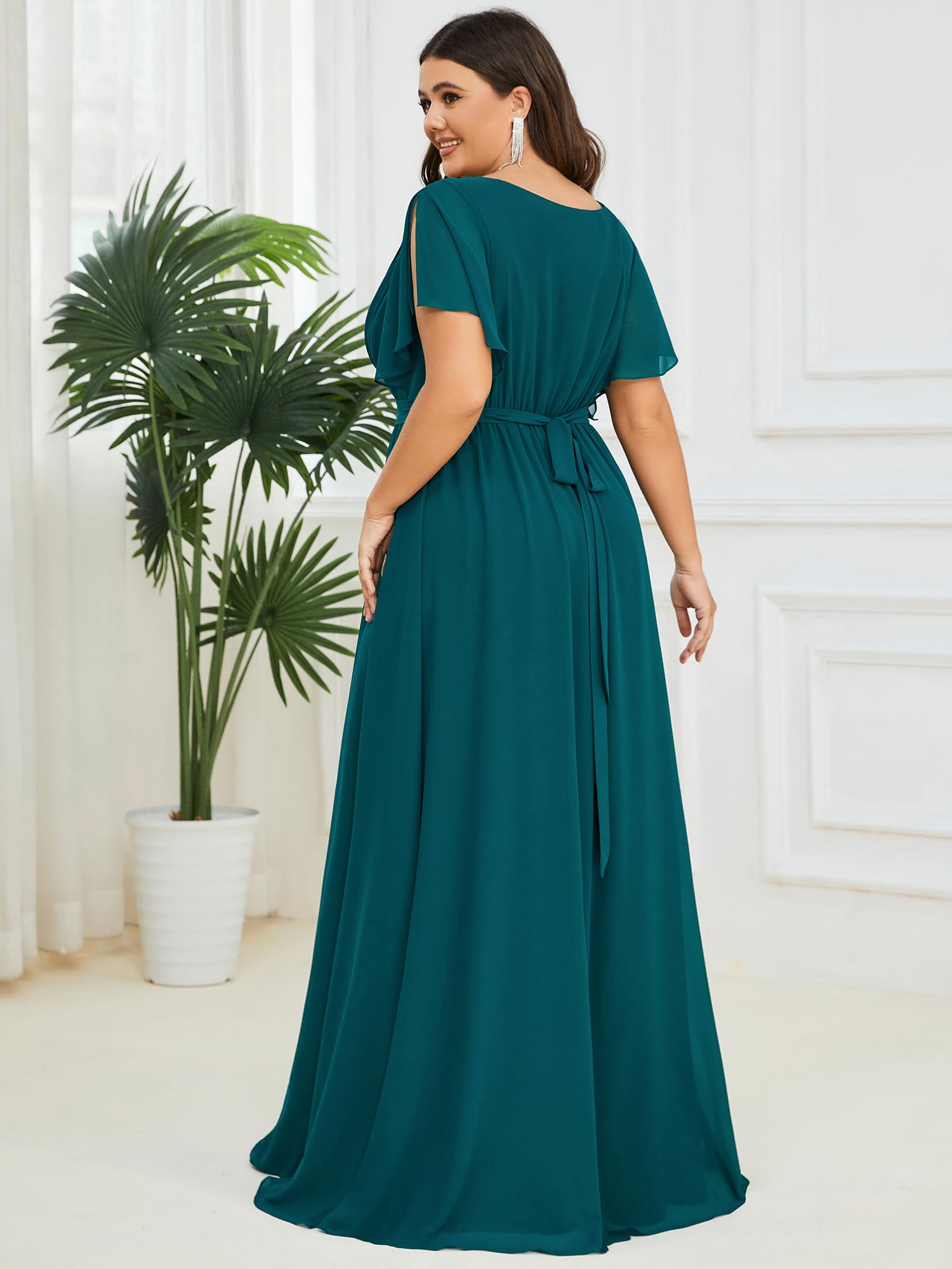 Ever-Pretty Plus Vestido formal de dama de honor para mujer, de gasa, acampanado, con cuello en V, cintura imperio, longitud hasta el suelo, talla grande