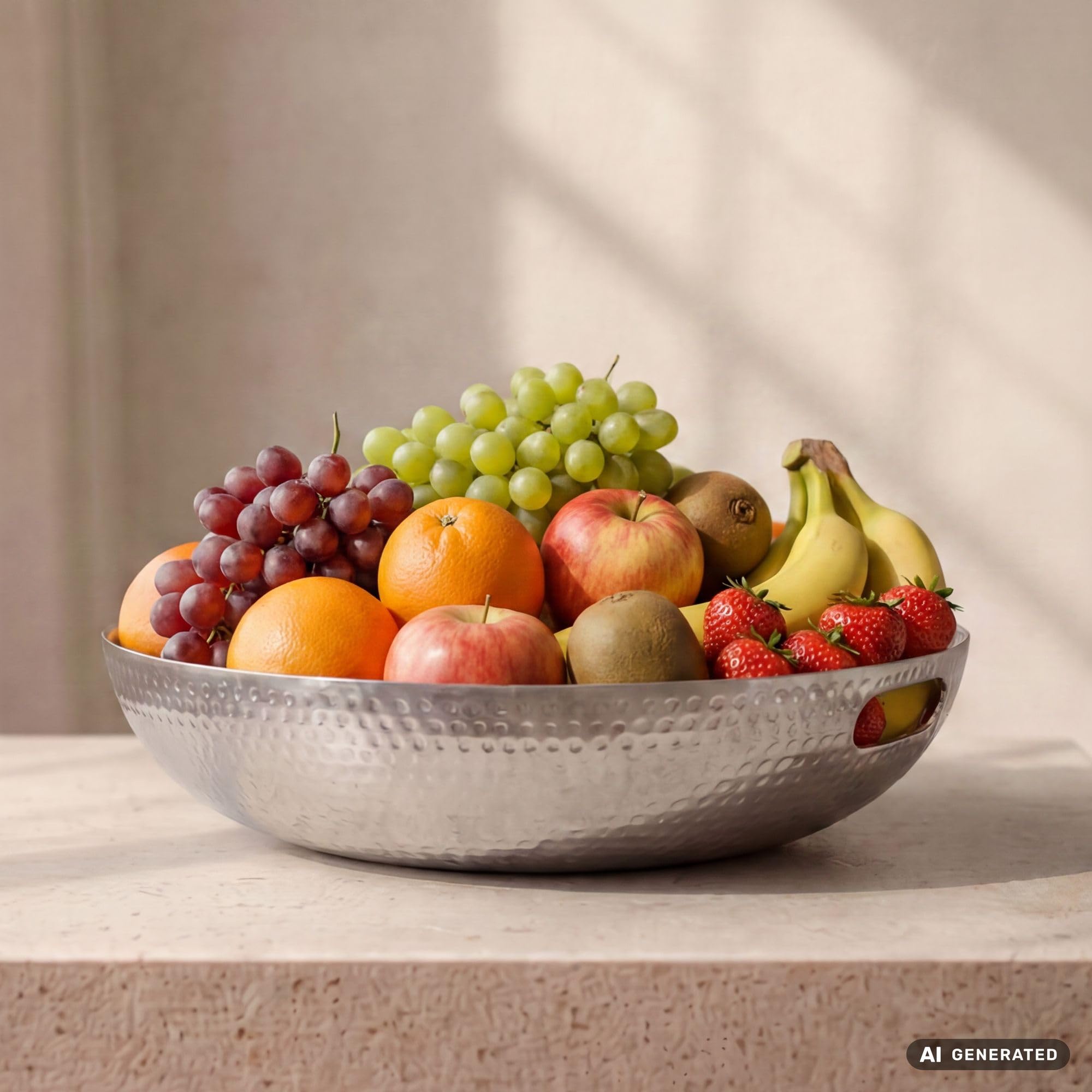 FineBuy Fruttiera 38 x 38 x 7 cm Alluminio Argento Fatta a Mano
