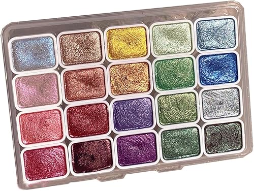 Juego de pintura de acuarela de 20 colores, juego de pintura de acuarela metálica, caja de pintura sólida de acuarela con purpurina, paleta de