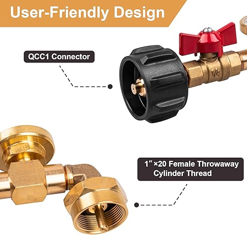 Miniatura 4 de Siasky Adaptador de recarga de propano mejorado de 20 libras a 1 libra, diseño con válvula y medidor, adaptador de recarga de propano QCC1 codo de