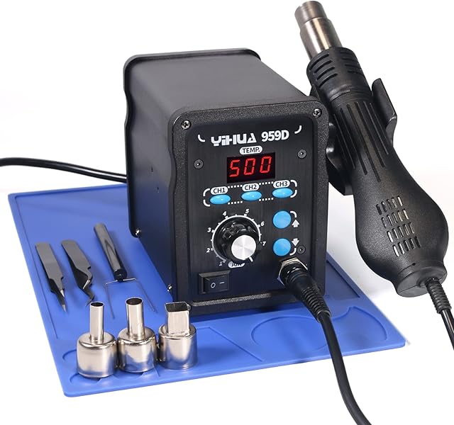 YIHUA 959D Hot Air Rework Station for SMD Soldering 3 Memory Channels with 3 Hot Air Nozzles, Soldering Work Mat, ESD Safe Tweezers(UK Plug)