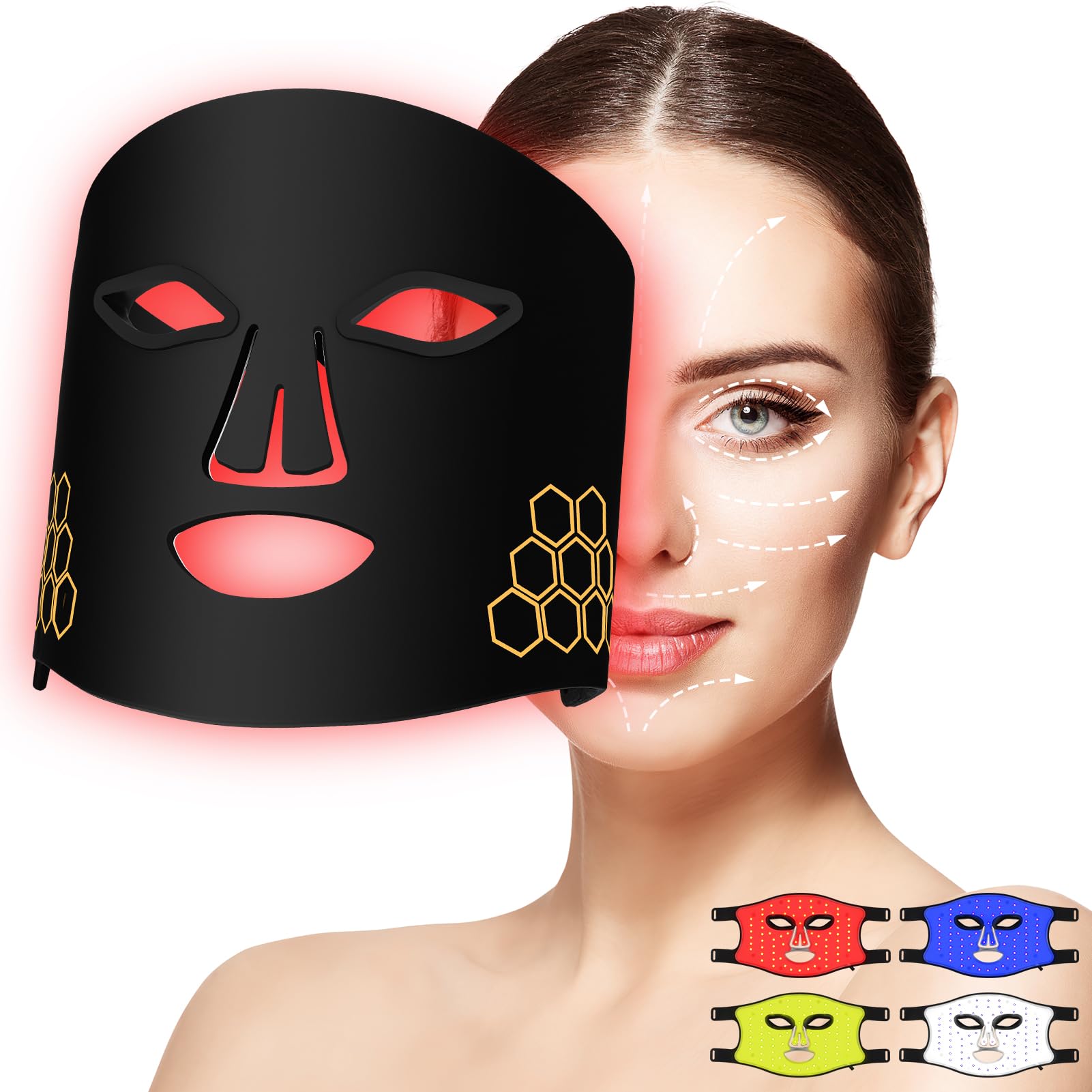 Masque facial à LED, Luckits masque de luminothérapie rouge avec 4 modes d'éclairage et télécommande, 216 ampoules LED, masque de luminothérapie infrarouge flexible en silicone pour visage les rides