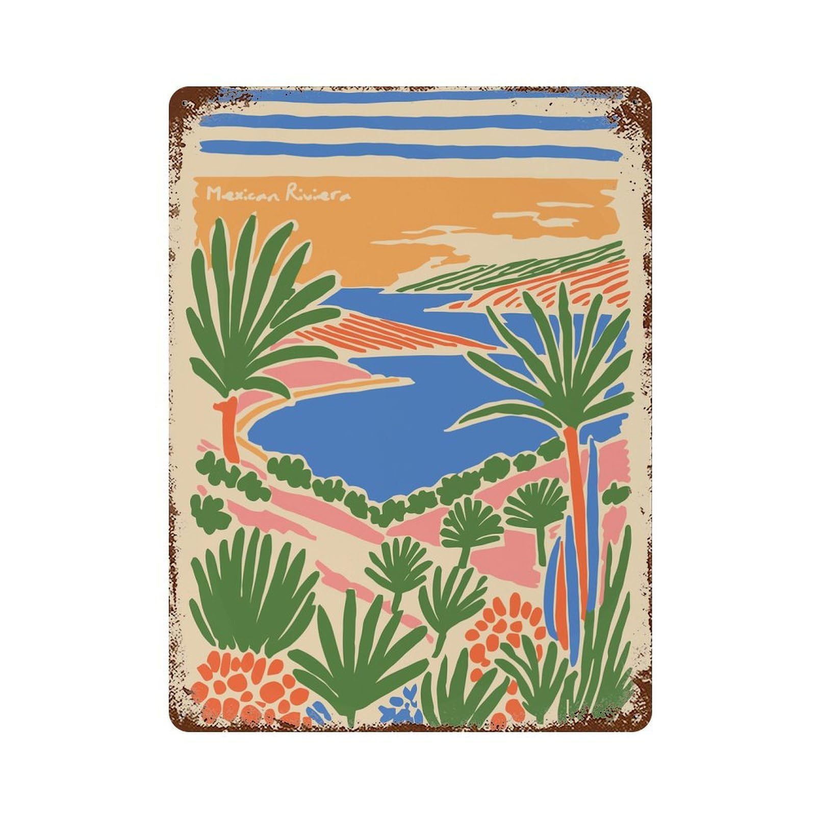 Mexican Riviera Coastal Landscape Illustration Rustic Tin Plaque 15.7"x11.8", Industrial Home Decor for Pub, Kitchen And Man Cave Decor