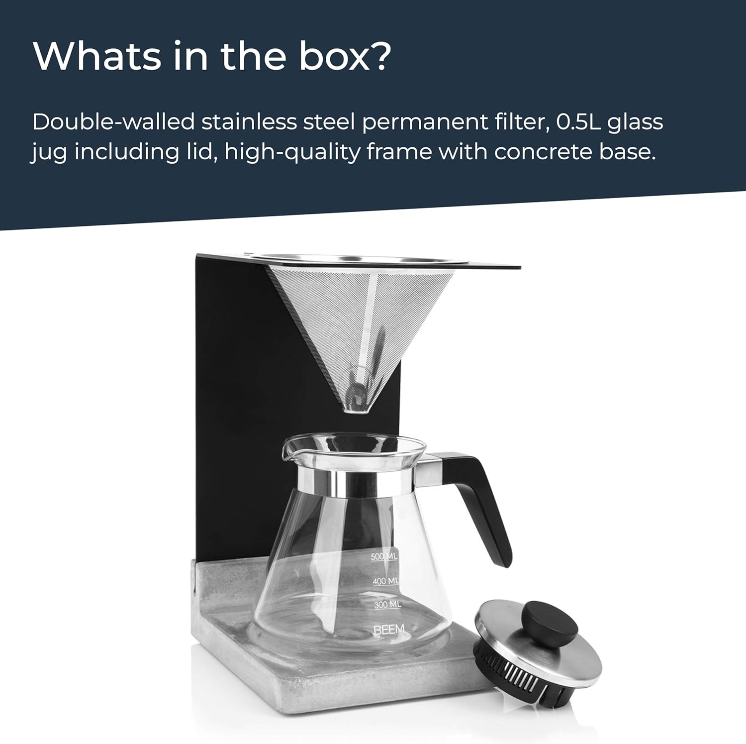 BEEM - Pour Over Coffee Maker, 4 Piece Coffee Dripper Machine with Glass Jug, Serves up to 4 Cups (0.5L)