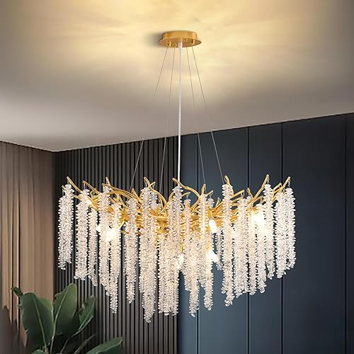 Moderno candelabro de cristal con ramas de árbol, de 32 pulgadas, 12 luces doradas redondas de lluvia para interiores, lámpara colgante para cocina,
