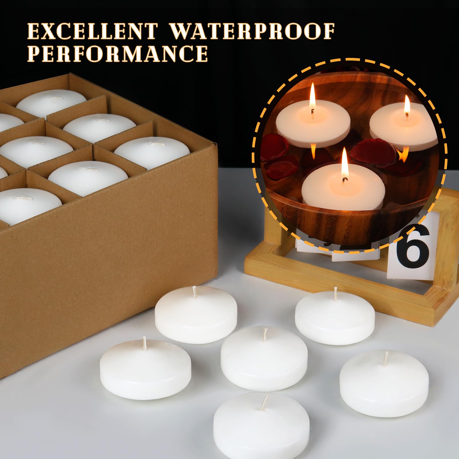 Velas flotantes blancas de 3 pulgadas, paquete de 60 velas flotantes sin perfume para centros de mesa, 8-9 horas, velas flotantes activadas por agua a granel para jarrones cilíndricos, día de