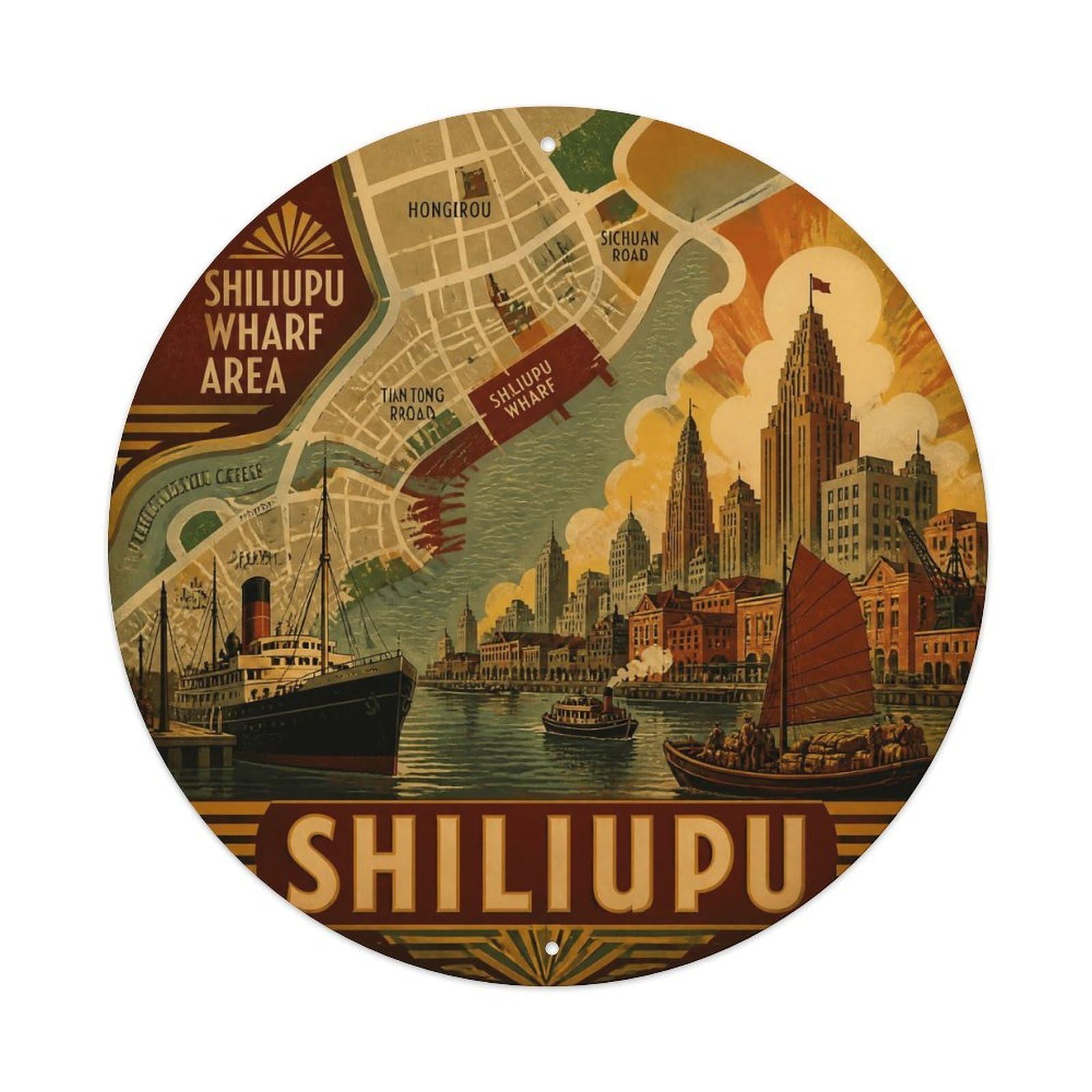 Odgynaw 8X8inch(20X20cm) Shiliupu Wharf Shanghai Riverfront Map Street Detail Metal Tin Sign