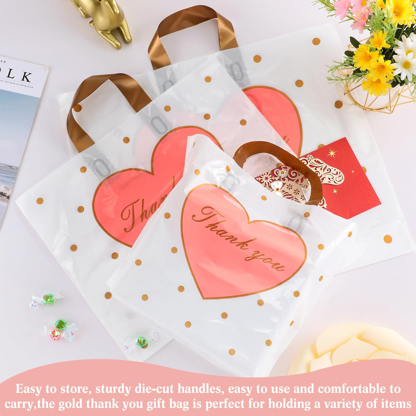 Abbylike 300 Pcs Thank You Gift Bags Plastic Shopping Bags with Handles Bulk Merchandise Retail Bags Reusable Boutique Bags for Business Customers Party Favor12 x10,15"x12",18"x15" (White)