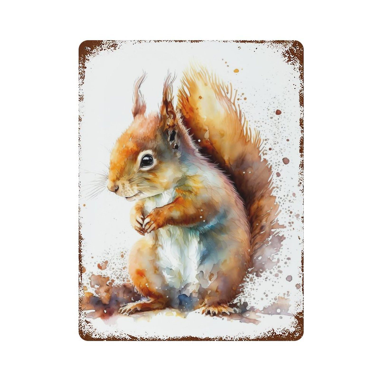 Rust Effect Squirrel Watercolour Rusty Metal Tin Sign 15.7"x11.8", Old School Wall Decor for Cafe, Home Bar And Lounge Decor
