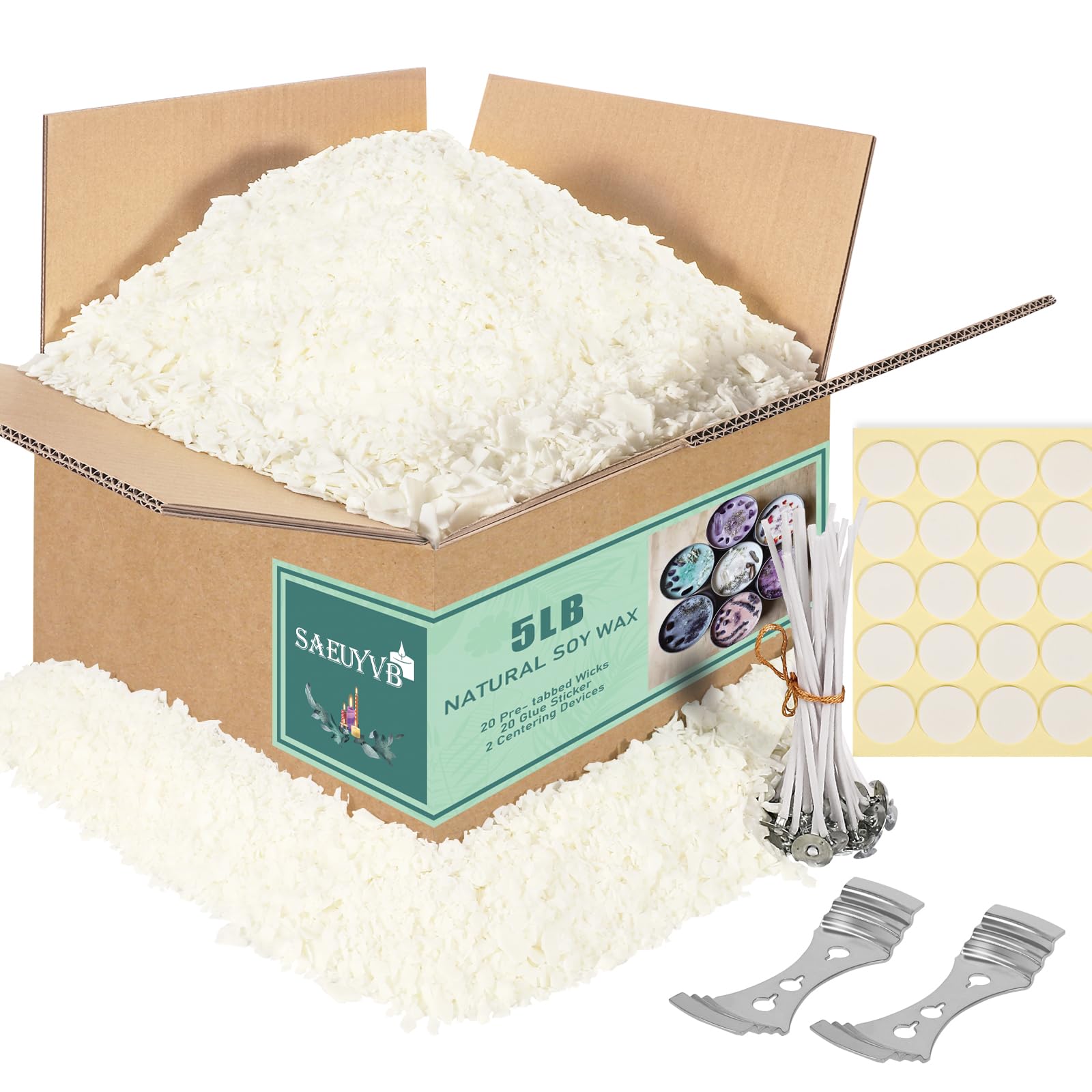SAEUYVB Soy Candle Wax for Candle Making - Natural Soy Wax Flakes 5 lbs Bag, 20 Cotton Candle Wicks, 20 Wick Stickers & 2 Centering Devices
