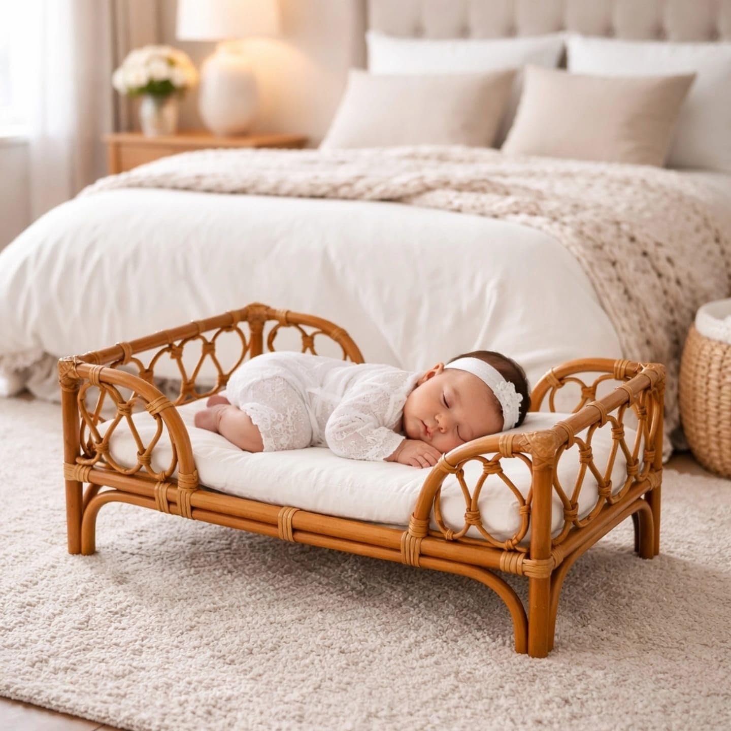 Baby Basket for Newborn | Lightweight Portable Sleeping Basket | Soft Padded Inner | Handwoven Style Nursery Basket for Baby Photoshoot & Gifting (Style-4)-image-36